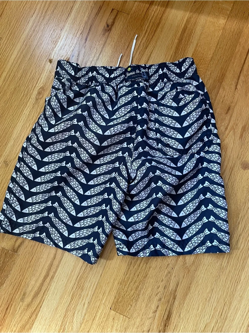 Janie and Jack Navy Fish Print Swim Trunks - boys size 7